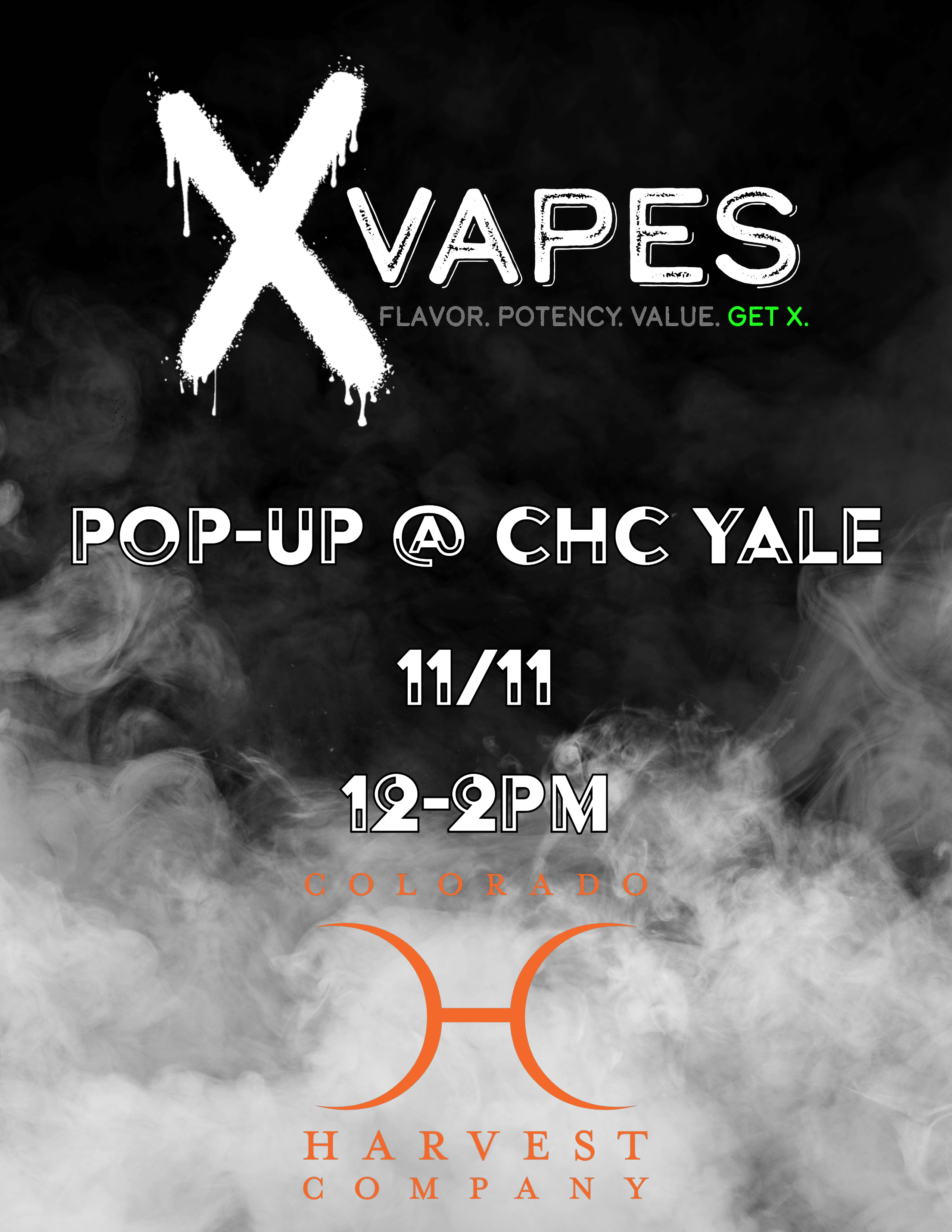 X Vapes Pop-up at Colorado Harvest Company Yale Location on 11.11 from 12-2pm. Get a penny X Vapes battery with purchase.